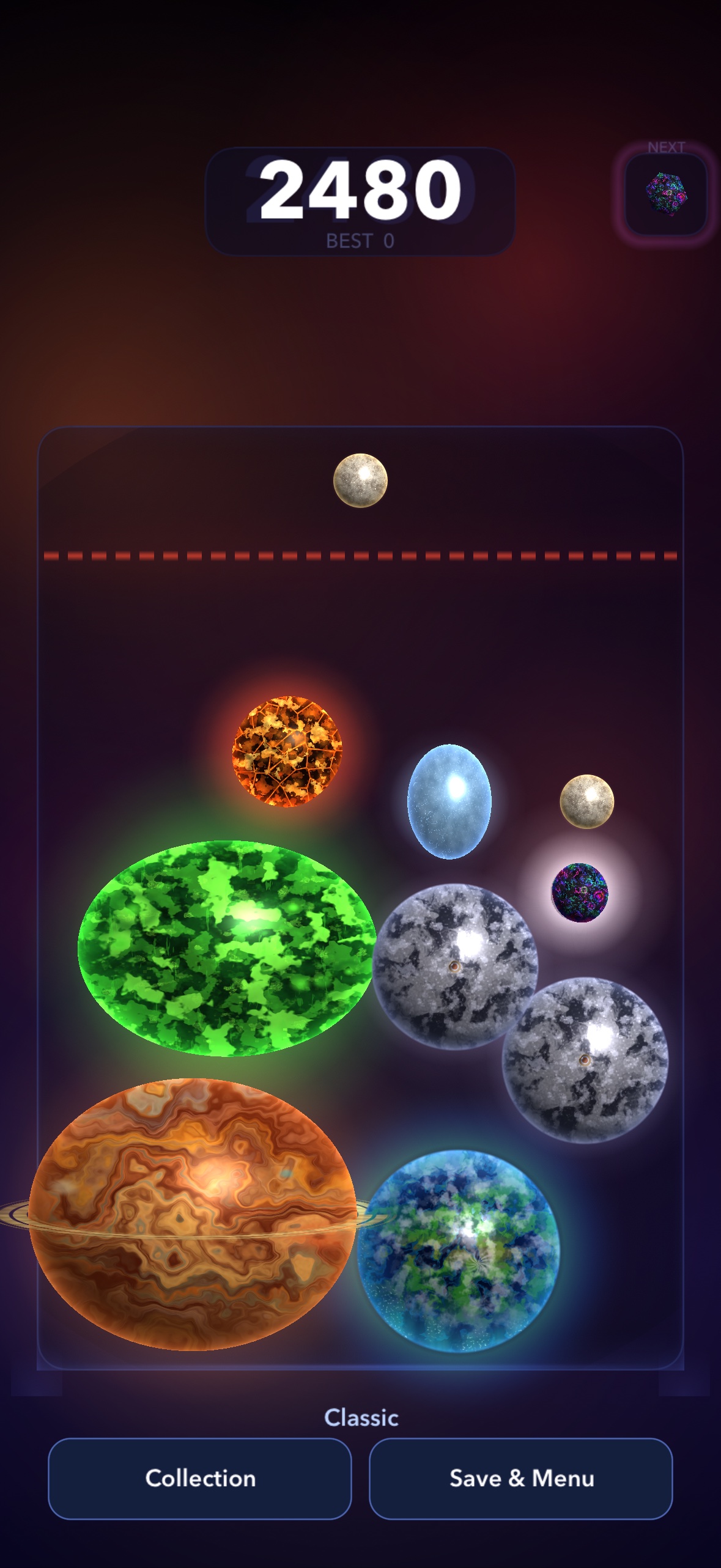 A Cosmic Merge example board: a Gas Giant and Planet support a stack of Moons, a Slime Planet, Ice Rock, and smaller bodies below a red danger line.