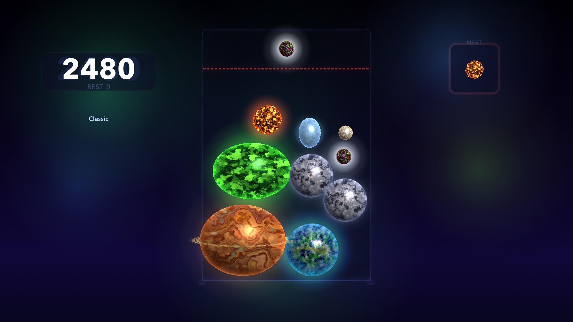 Cosmic Merge on Apple TV, with a centered board and larger score and next-piece panels to either side.